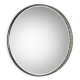 Uttermost Stefania beaded round wall mirror with pearl silver frame, decorative and elegant home decor accessory.