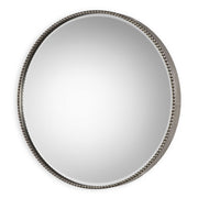 Uttermost Stefania beaded round wall mirror with pearl silver frame, decorative and elegant home decor accessory.