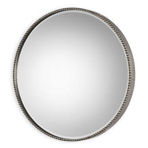 Uttermost Stefania beaded round wall mirror with pearl silver frame, decorative and elegant home decor accessory.