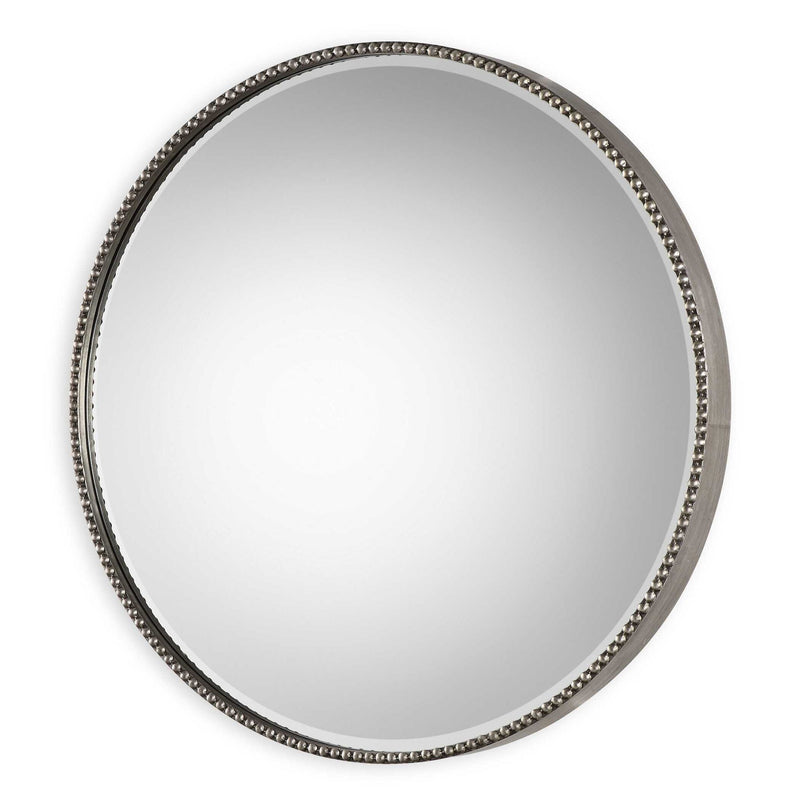 Uttermost Stefania beaded round wall mirror with pearl silver frame, decorative and elegant home decor accessory.
