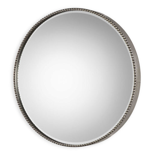 Uttermost Stefania beaded round wall mirror with pearl silver frame, decorative and elegant home decor accessory.