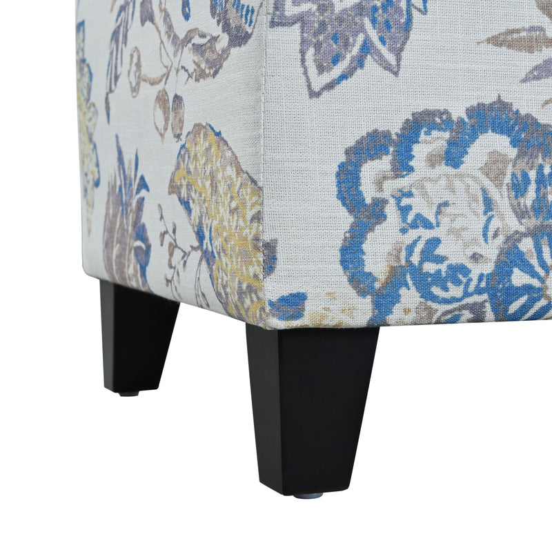 Luxury Storage Ottoman With Floral Patterned Fabric, Soft Close Hinges, Functional Footrest & Seat - Blue Flower / Blue Multi - R&R Furniture Gallery (Fountain Valley, CA)