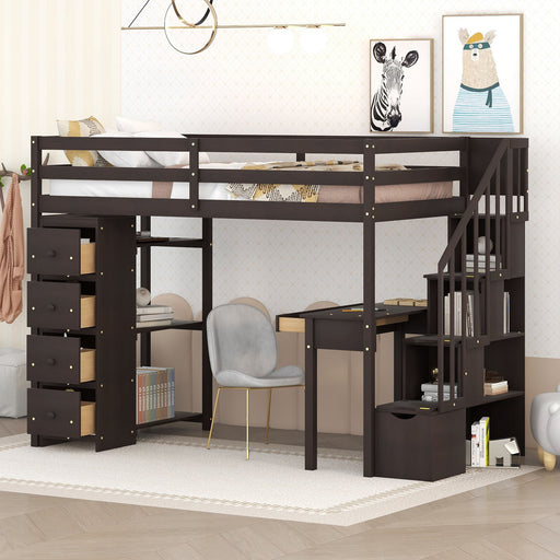 DreamHaus loft bed with storage drawers, desk, stairs, and shelves, showcasing a space-saving bedroom furniture unit.