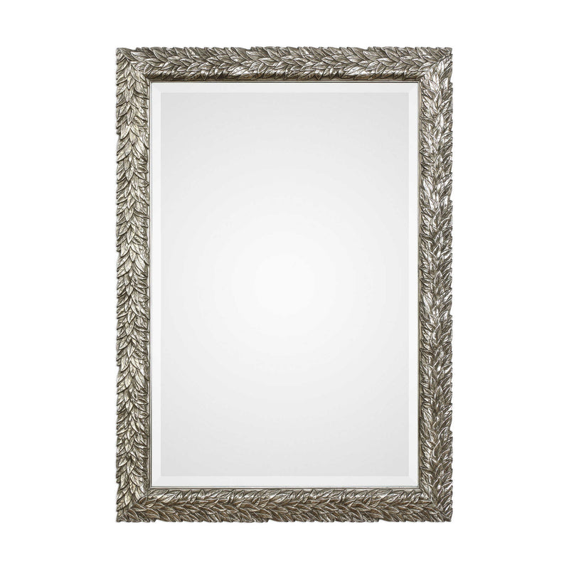 Evelina Leaves Silver Wall Mirror by Uttermost featuring a decorative leaf design in a sleek silver finish.