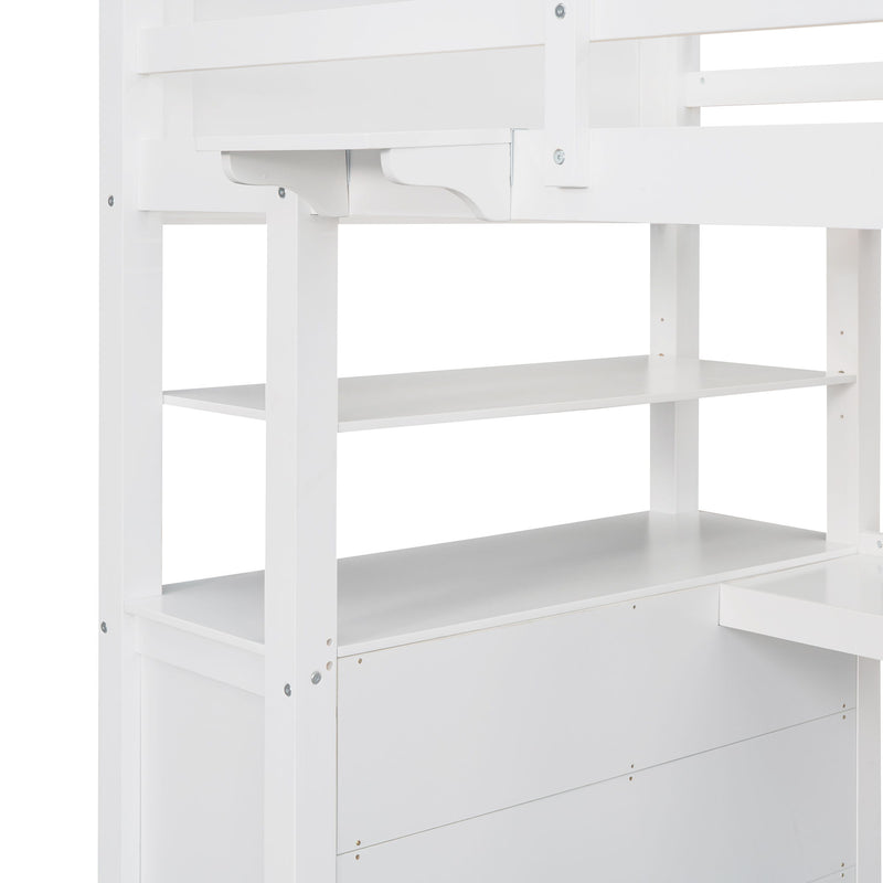 DreamHaus loft bed with built-in drawers, desk, and shelves, showcasing a modern, space-saving bedroom furniture design.