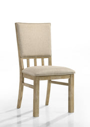 Set of two Brutus wide dining chairs by Lilola Home in reclaimed wheat finish, showcasing sturdy wooden frames and contoured seats.
