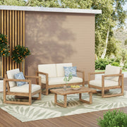 Four-piece acacia wood outdoor patio furniture set with beige cushions, includes chairs and coffee table for backyard or porch use.