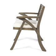 Set of two Noble House Helen outdoor dining chairs with acacia wood frames in gray and creme for patio or garden seating.