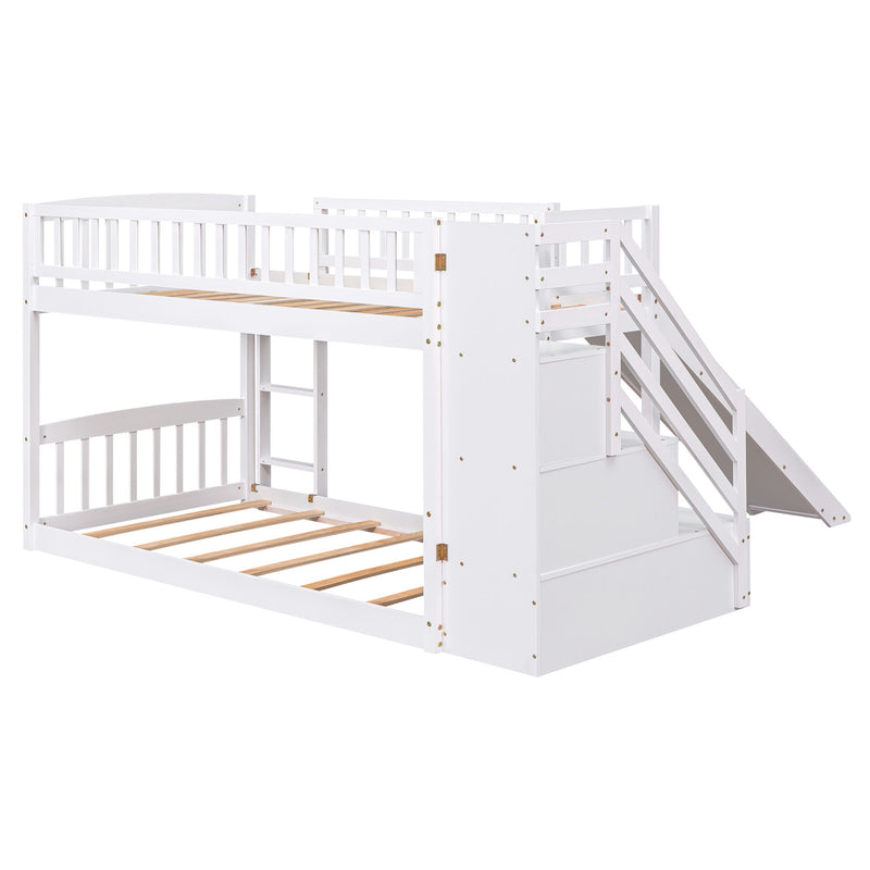 DreamHaus twin over twin stairway bunk bed with built-in drawers and slide, featuring a sturdy wooden frame and safety rails.