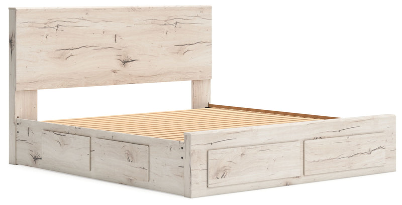 Signature Design by Ashley Lawroy panel storage bed with built-in drawers and modern wood finish in a bedroom setting.