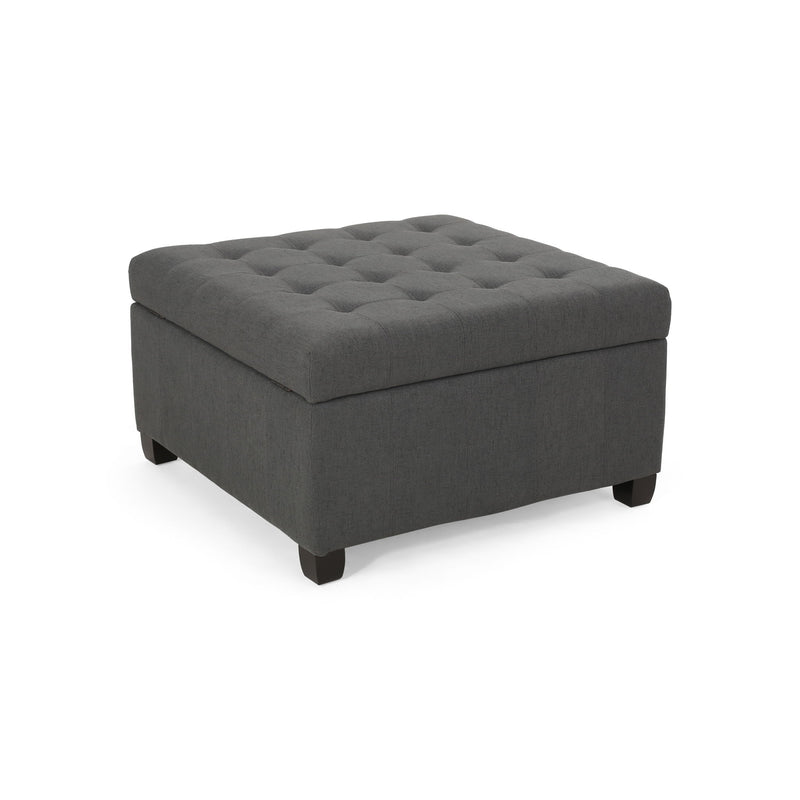 Noble House Isabella contemporary storage ottoman with upholstered top and wooden legs, serving as a versatile seating and storage piece.