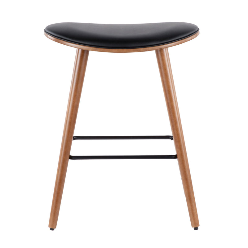 Set of two Lumi Source contemporary saddle counter stools with sleek design and upholstered seats, perfect for modern kitchen counters.