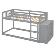 DreamHaus bunk bed with built-in four drawers and three shelves, featuring a sturdy wooden frame and modern design.