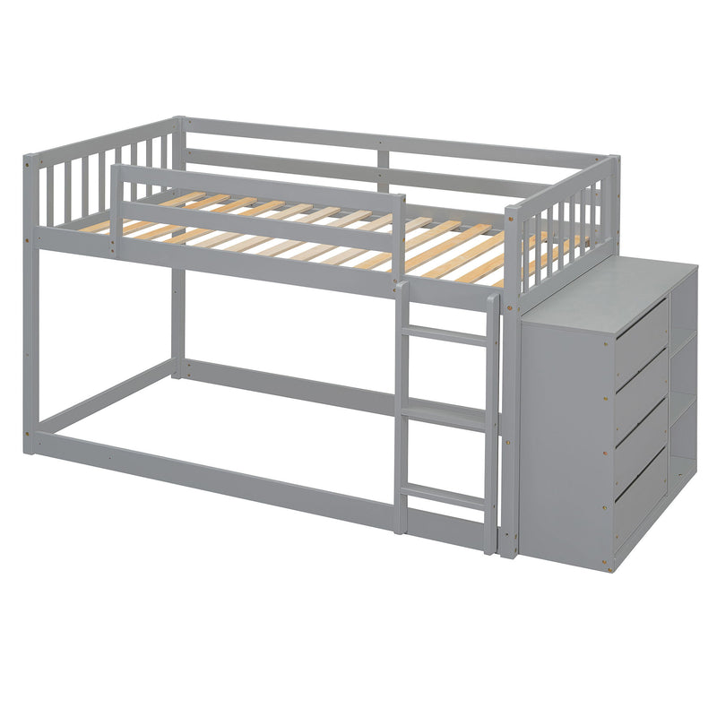 DreamHaus bunk bed with built-in four drawers and three shelves, featuring a sturdy wooden frame and modern design.