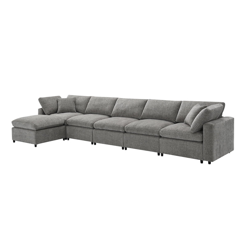 Modern Luxe & Co. cloud sectional sofa bed with six seats, ottoman, and convertible U-shape sleeper for living room comfort.