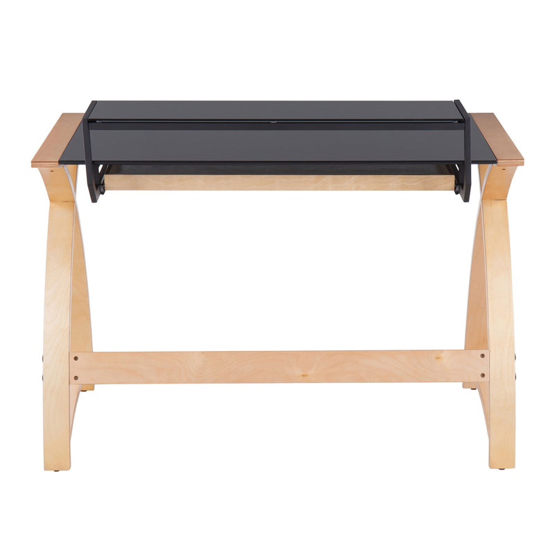 Lumi Source Bentley mid-century modern office desk with natural wood finish and black lift-top design, sleek and functional workspace furniture.