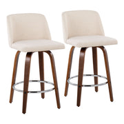 Set of two Lumi Source Toriano mid-century modern fixed height counter stools with round footrests, featuring sleek wooden design.