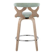 Set of two Lumi Source Gardenia mid-century modern counter stools with swivel seats, featuring wood legs and upholstered seats.