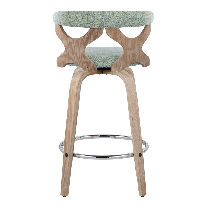 Set of two Lumi Source Gardenia mid-century modern counter stools with swivel seats, featuring wood legs and upholstered seats.