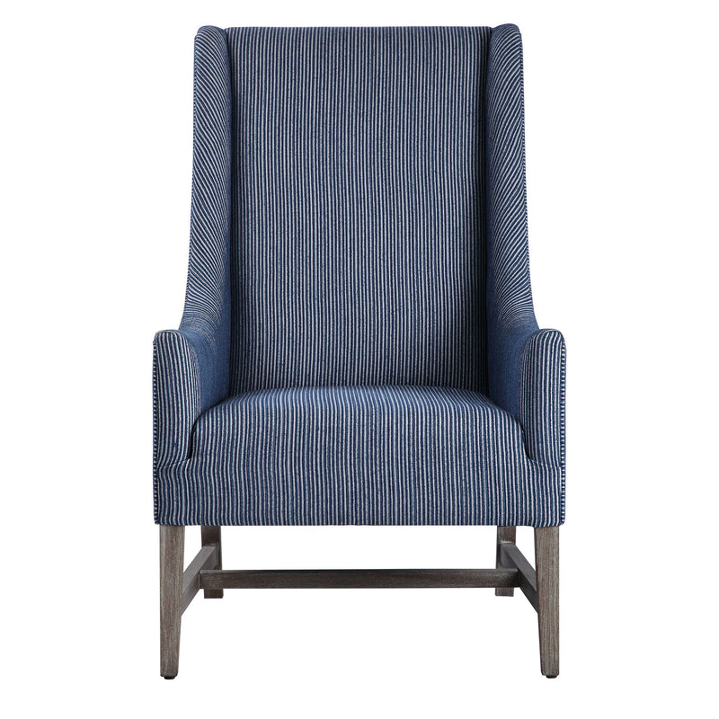 Blue Galiot Wingback Accent Chair by Uttermost with curved arms and tufted upholstery, stylish and comfortable for living rooms.