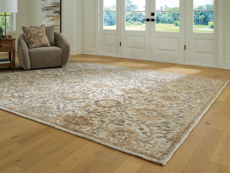 Signature Design by Ashley Sableridge area rug with intricate geometric patterns in neutral tones, perfect for modern living rooms.