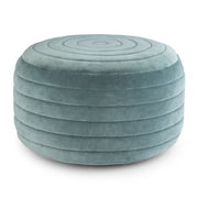 Simpli-Home Vivienne upholstered round accent pouf in neutral fabric, versatile seating or footrest for modern living rooms.