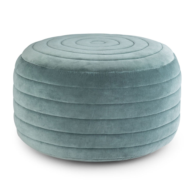 Simpli-Home Vivienne upholstered round accent pouf in neutral fabric, versatile seating or footrest for modern living rooms.