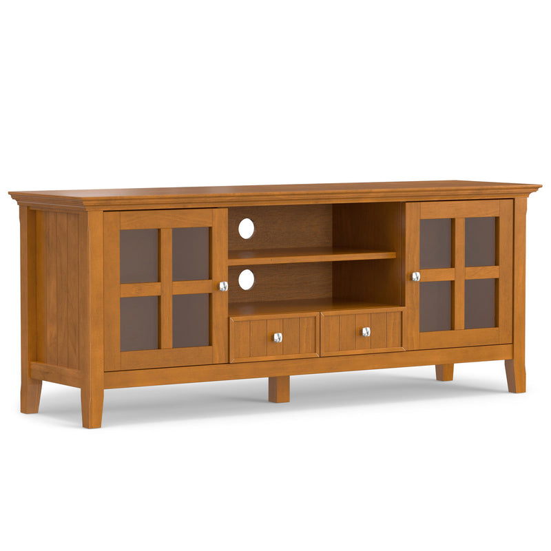 Simpli-Home Acadian TV media stand with open shelves and storage compartments, crafted from wood for modern entertainment setups.