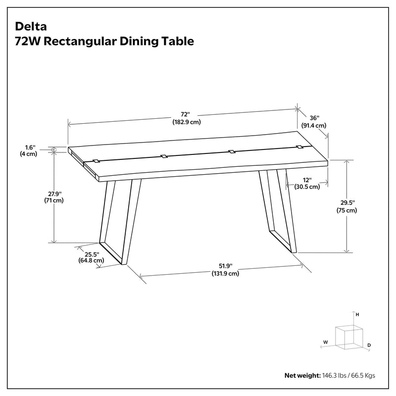 Handcrafted Delta dining table by Simpli-Home with a wooden top and sturdy legs in a modern dining room setting.