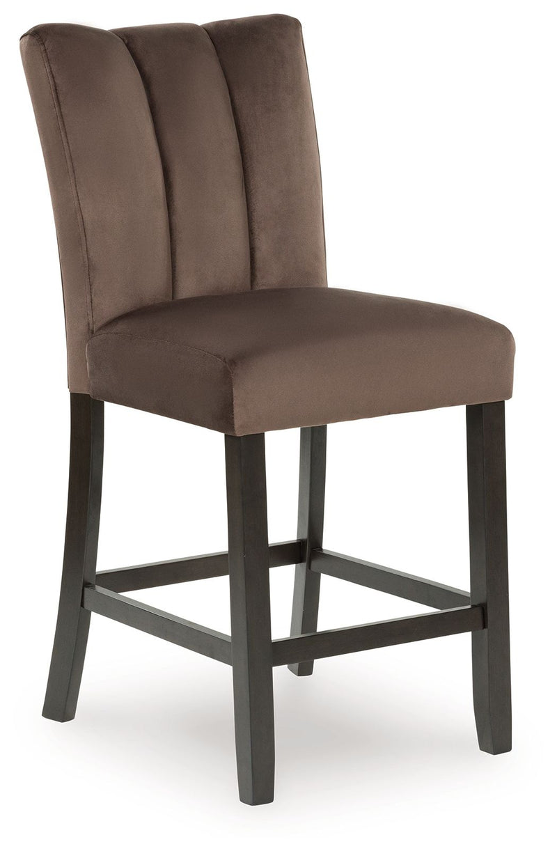 Set of two Jeshina upholstered barstools in mocha with wooden legs, Signature Design by Ashley® furniture for kitchen or bar area.