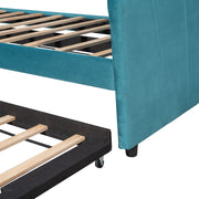 DreamHaus upholstered daybed sofa bed with trundle and wood slats, showcasing plush fabric, wooden frame, and pull-out trundle for extra sleep space.