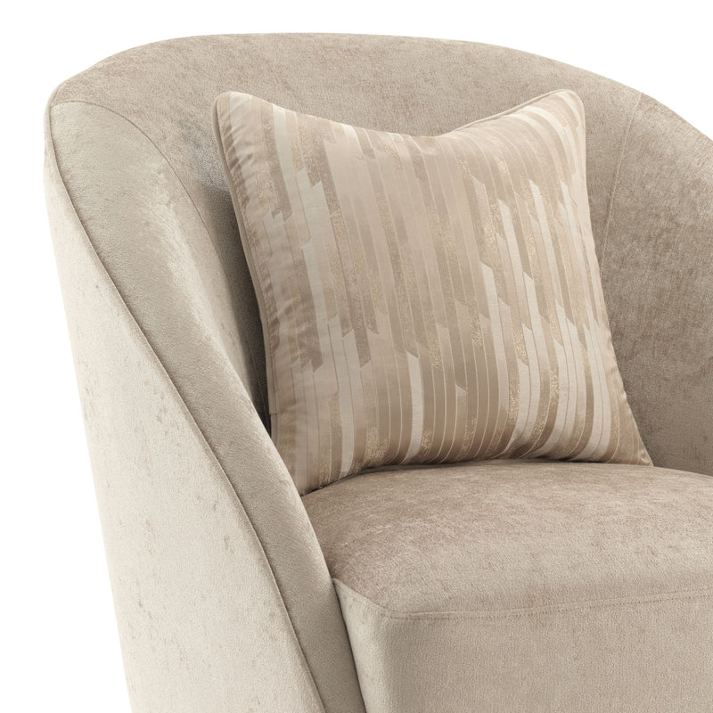 Michael Amini La Rachelle swivel chair with plush upholstery and elegant design, featuring a rounded back and wooden base.