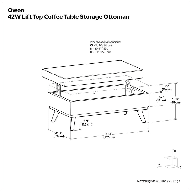 Simpli-Home Owen multifunctional square coffee table with storage ottoman, featuring a cushioned top and wooden legs for versatile use.