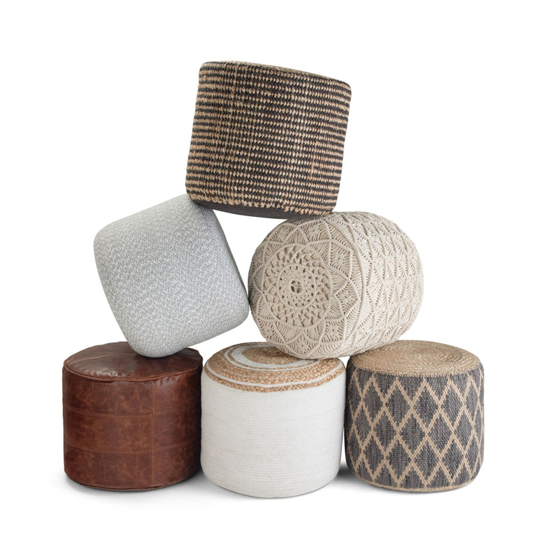 Simpli-Home Serena handcrafted round braided pouf, beige accent pouf with woven textured design for stylish seating or decor.