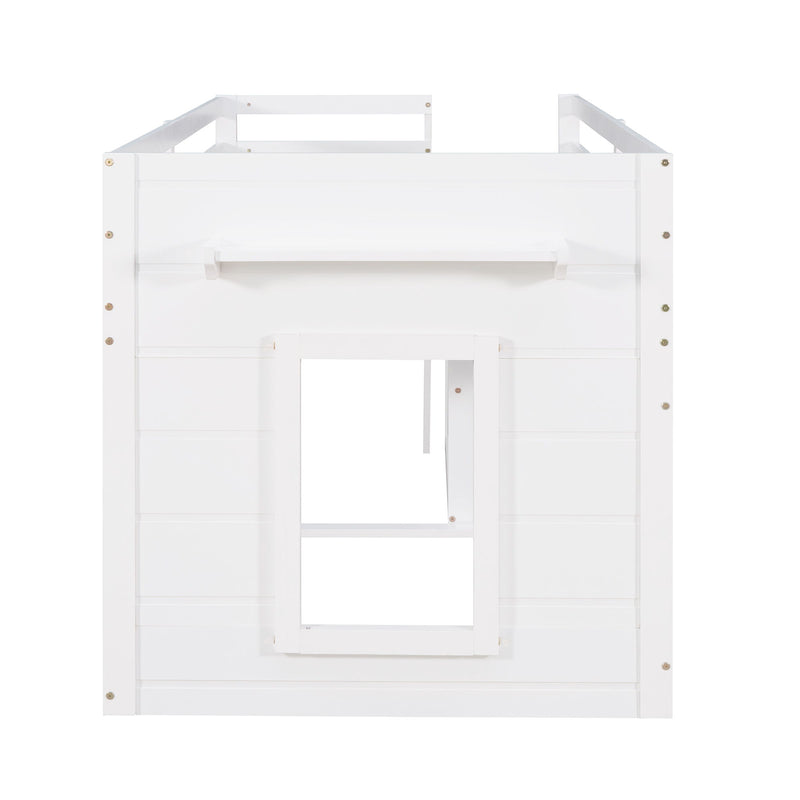 DreamHaus loft bed with integrated cabinet and shelf, showcasing a compact, modern design ideal for space-saving bedroom setups.