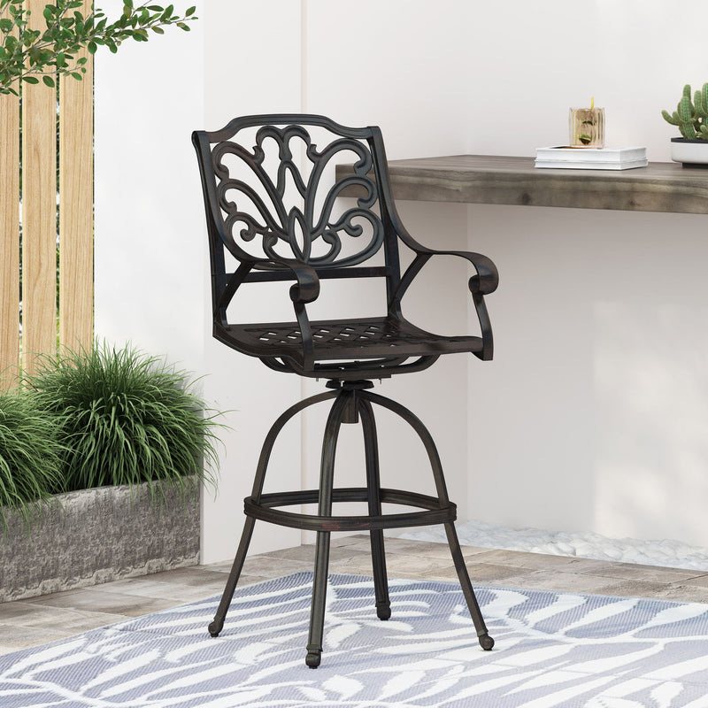 Outdoor Cast Aluminum Swivel Bar Stool With Scrolled Arms - Bronze - R&R Furniture Gallery (Fountain Valley, CA)
