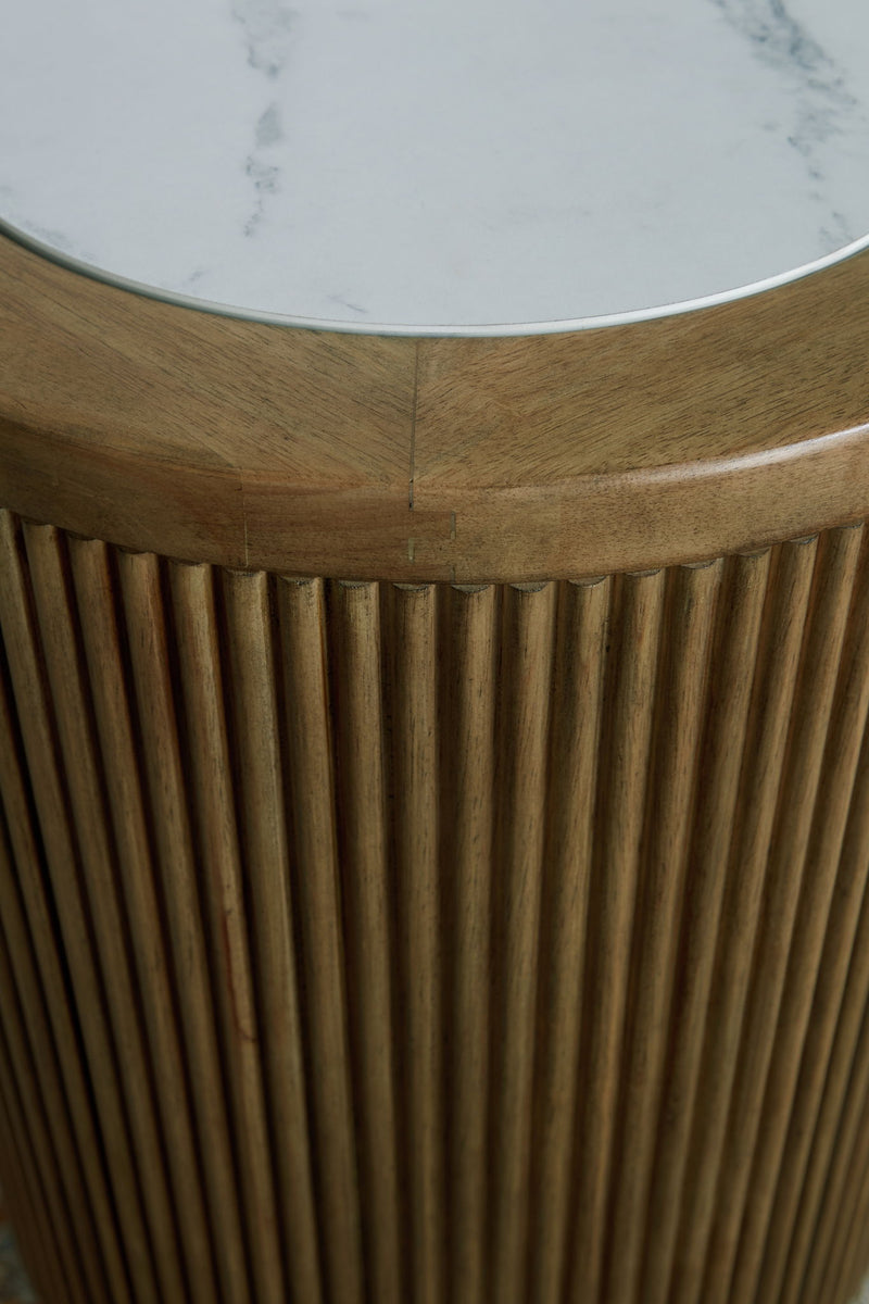 Camdill - Round End Table - Light Brown / White - R&R Furniture Gallery (Fountain Valley, CA)
