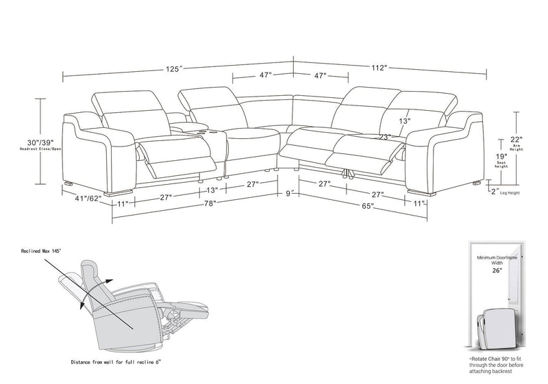 1116 - 6-Piece L-Shaped Sectional Sofa In With 3 Power Recliners & Power Headrests