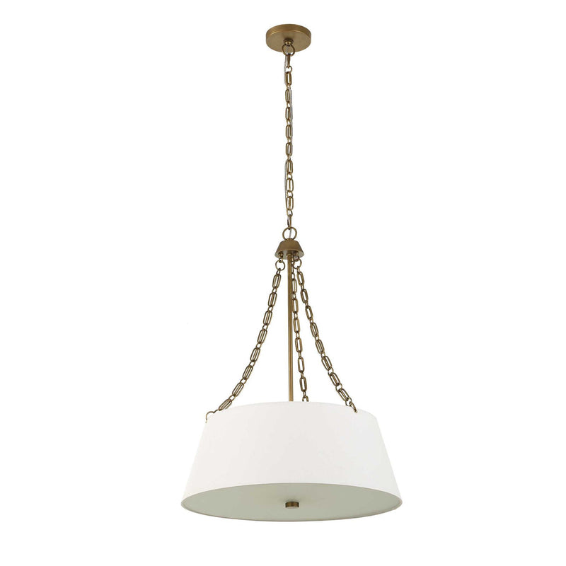 Uttermost Andalucia 4-light gold and white drum pendant lighting fixture hanging from ceiling.