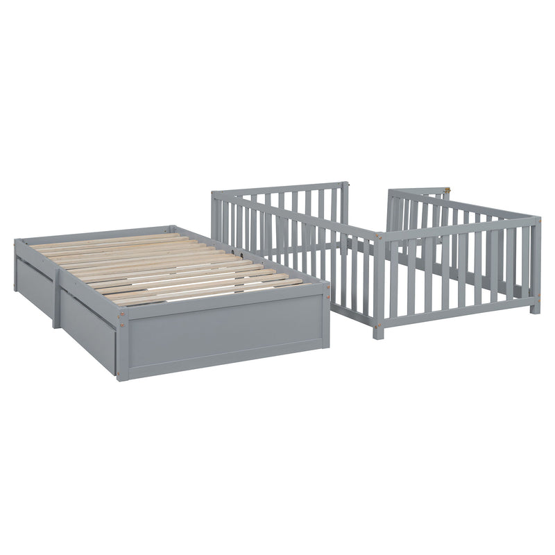 DreamHaus storage daybed with fence guardrails, two drawers, and convertible design for independent floor bed and daybed use.
