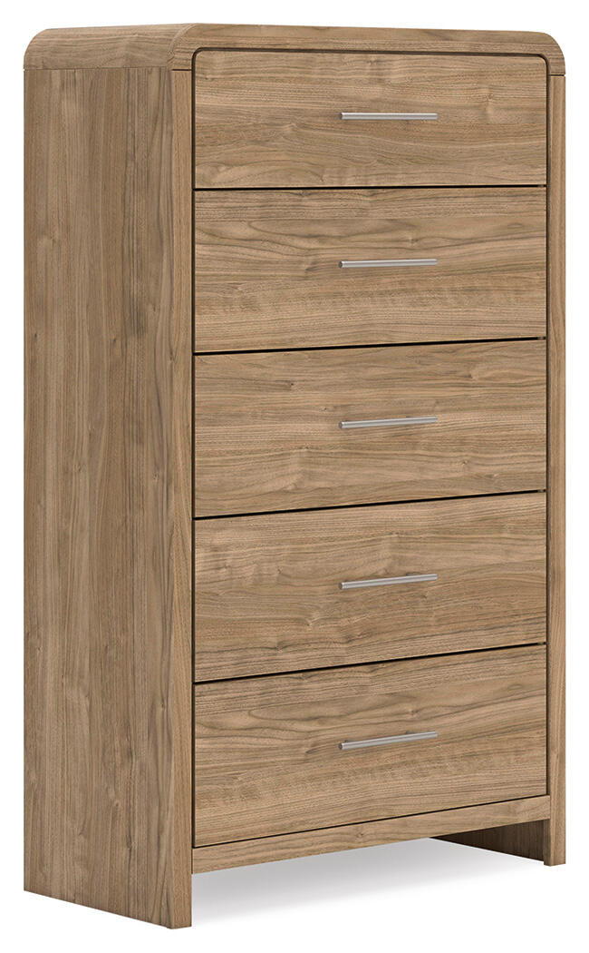 Warm natural brown five-drawer accent chest by Signature Design by Ashley®, featuring sleek handles and sturdy build.