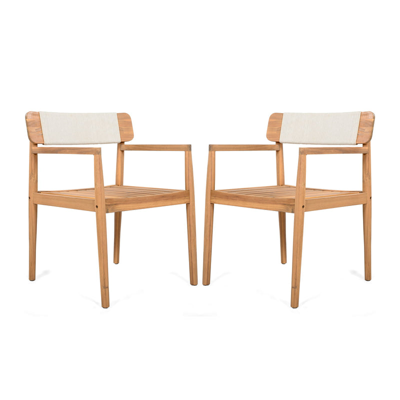 Creative Braided Acacia Wood Outdoor Dining Table And Chairs With Armrests (Set of 2) - Teak / White - R&R Furniture Gallery (Fountain Valley, CA)