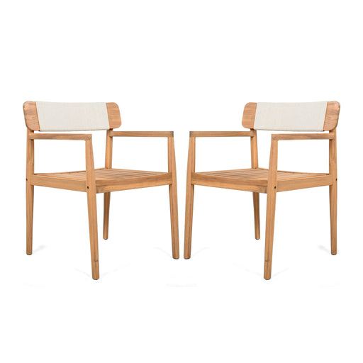 Creative Braided Acacia Wood Outdoor Dining Table And Chairs With Armrests (Set of 2) - Teak / White - R&R Furniture Gallery (Fountain Valley, CA)