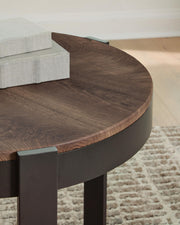 Set of three Horizon Hills occasional tables by Signature Design, featuring brown and black finishes, modern wooden design.