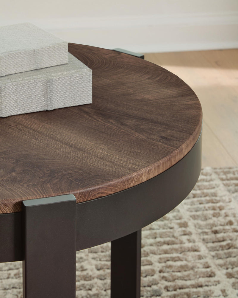Set of three Horizon Hills occasional tables by Signature Design, featuring brown and black finishes, modern wooden design.