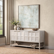 Classic Home Costa 4-door buffet cabinet with wooden finish, featuring sleek handles and spacious interior storage.