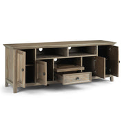 Simplifi-Home Amherst wide TV media stand with multiple shelves and storage drawers, made of dark wood for modern living rooms.