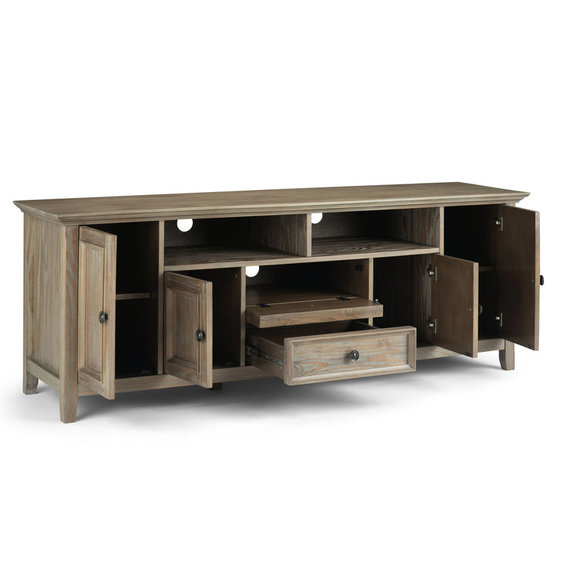 Simplifi-Home Amherst wide TV media stand with multiple shelves and storage drawers, made of dark wood for modern living rooms.