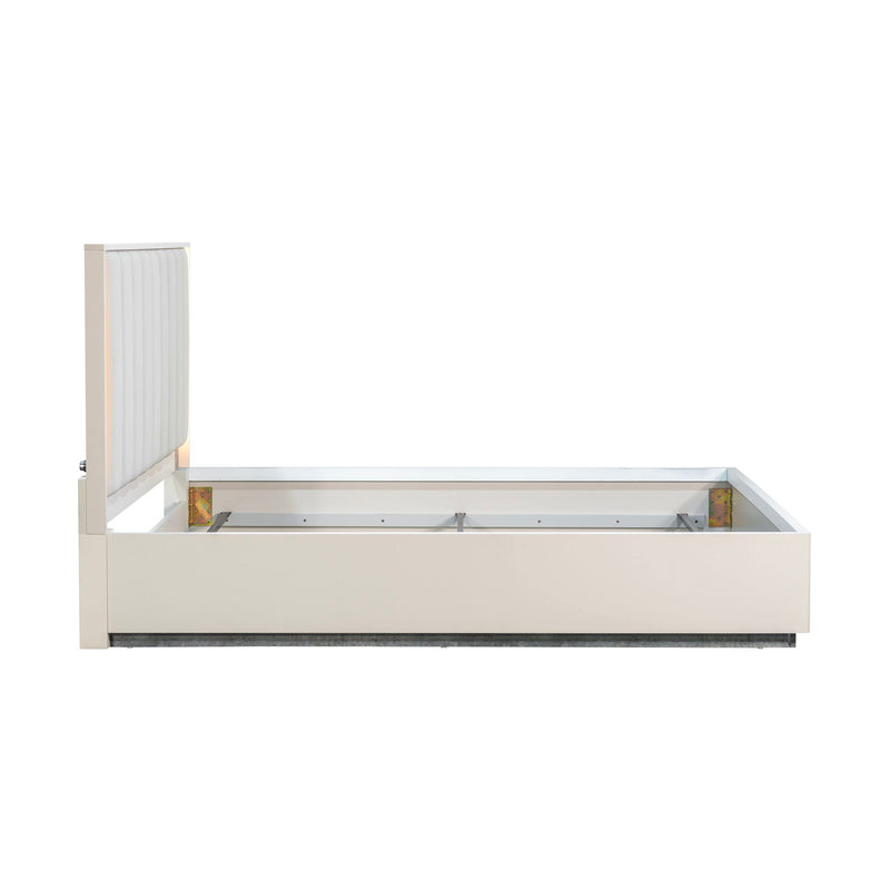 Michael Amini Pavira upholstered bed with integrated LED lights, featuring a modern design and soft fabric upholstery.