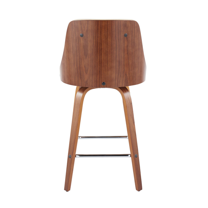 Lumi Source Gianna mid-century modern counter stool set with swivel, square footrest, fixed height, shown in a stylish interior setting.